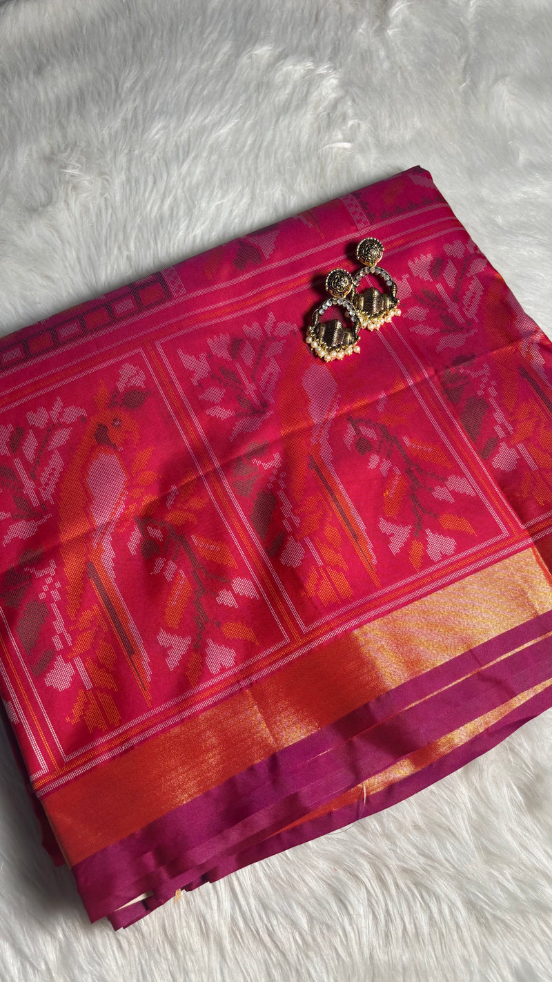 Kiara Magenta Ikkat Print Soft Blended Silk Saree | Radhe Ethnics