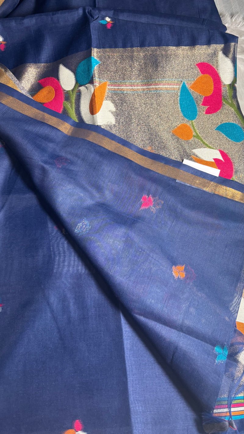 Pakhi Dark Blue Cotton Silk Jamdhani Saree | Radhe Ethnics