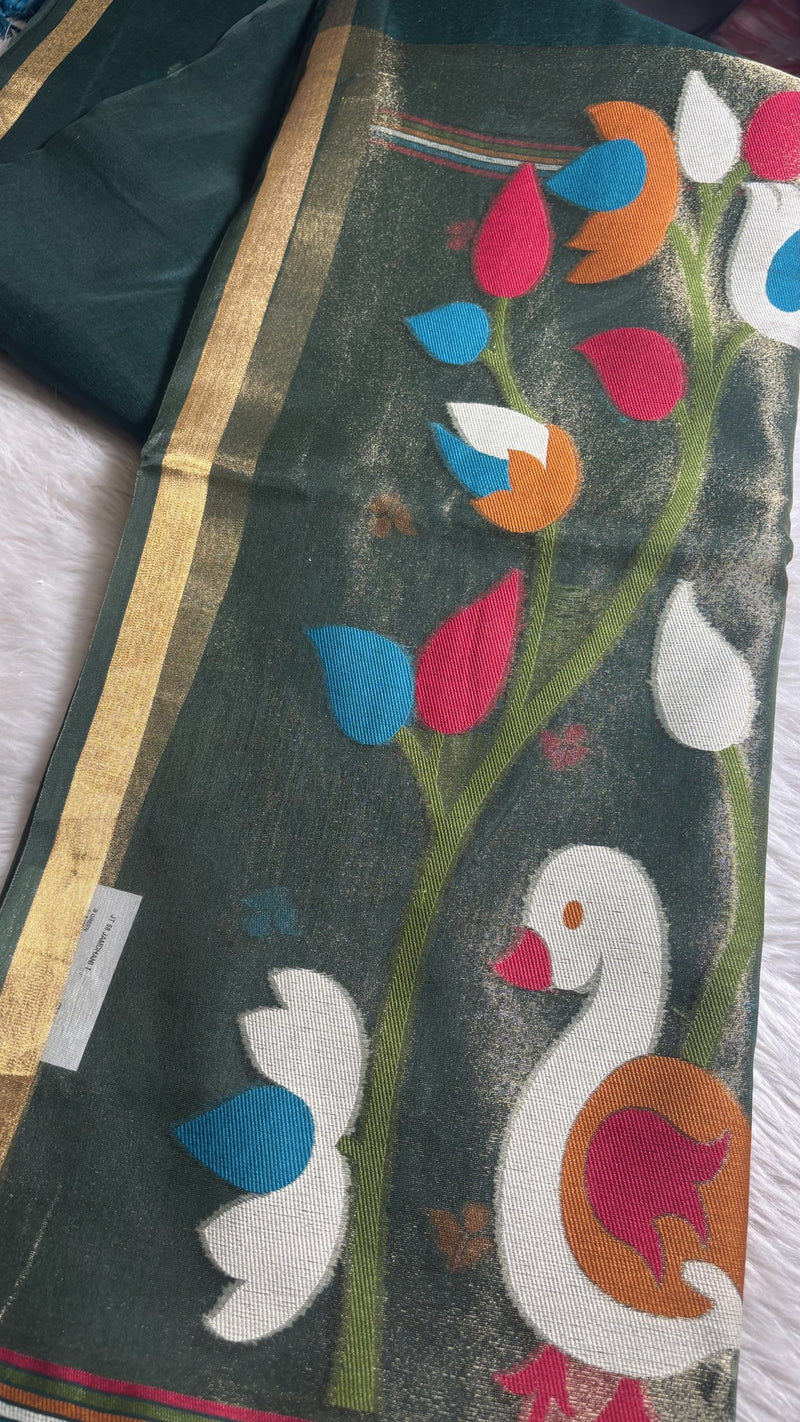 Pakhi Bottle green Cotton Silk Jamdhani Saree | Radhe Ethnics