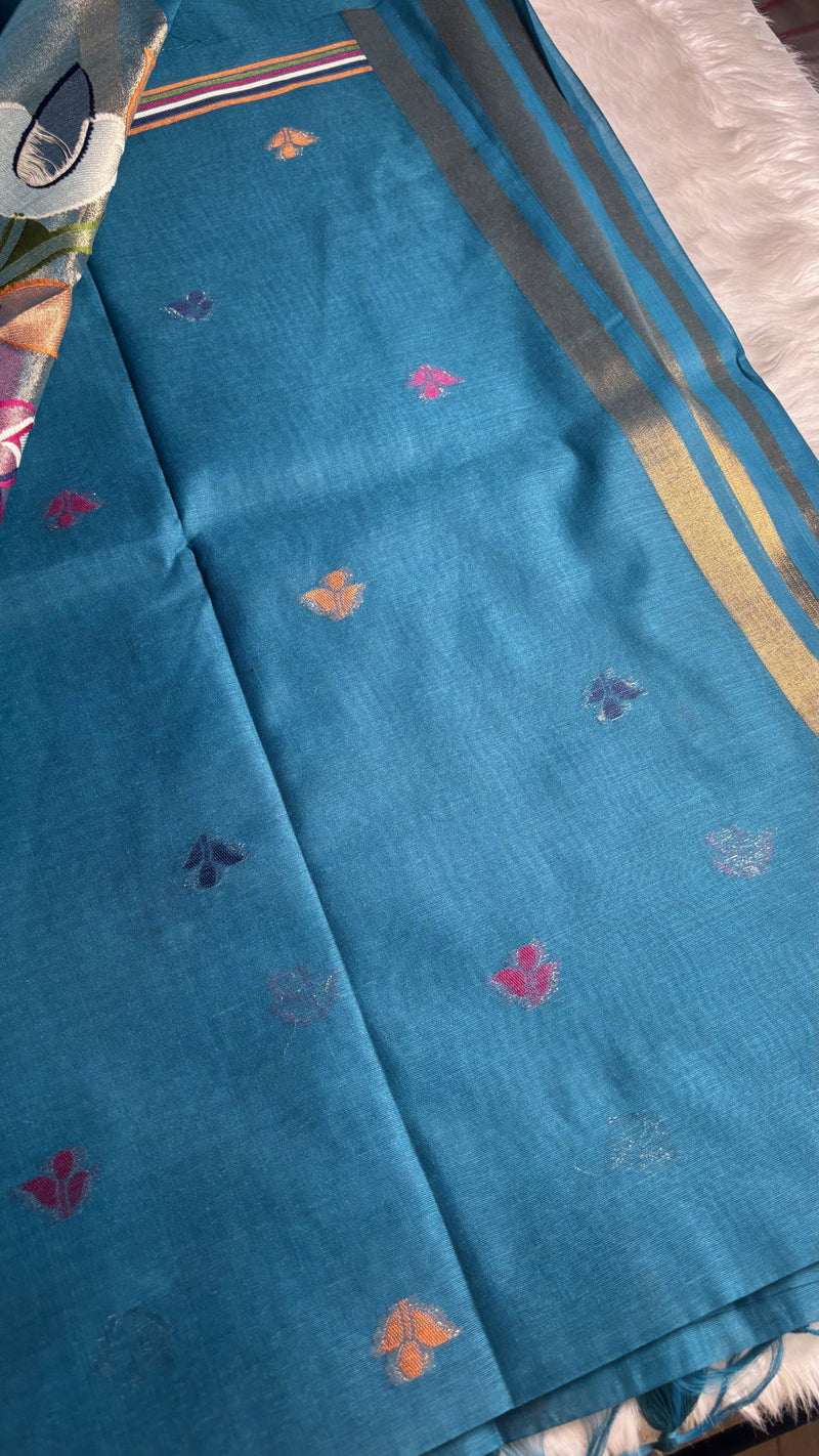 Pakhi – Turquoise Blue Cotton Silk Jamdhani Saree | Radhe Ethnics