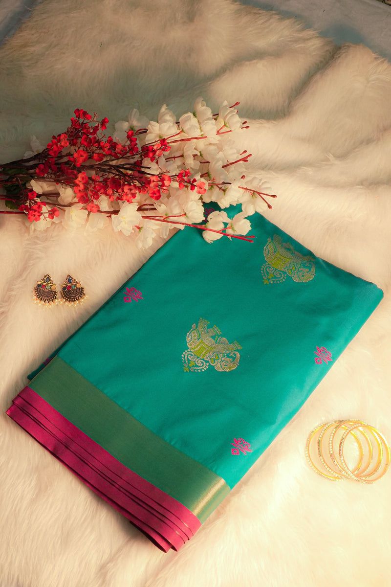 Avani Teal Green Soft Silk Saree with Pink Pallu | Radhe Ethnics