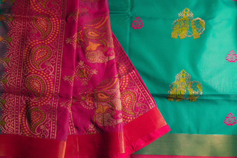 Avani Teal Green Soft Silk Saree with Pink Pallu | Radhe Ethnics
