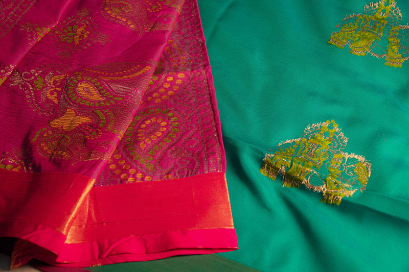 Avani Teal Green Soft Silk Saree with Pink Pallu | Radhe Ethnics