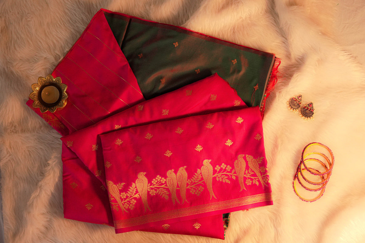 Vamika Rani Pink Soft Silk Saree with Green Pallu | Radhe Ethnics