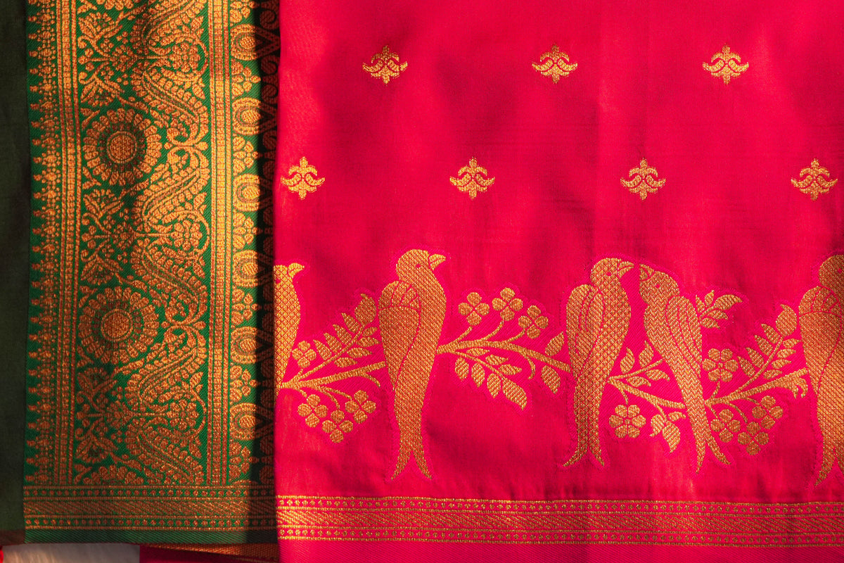 Vamika Rani Pink Soft Silk Saree with Green Pallu | Radhe Ethnics