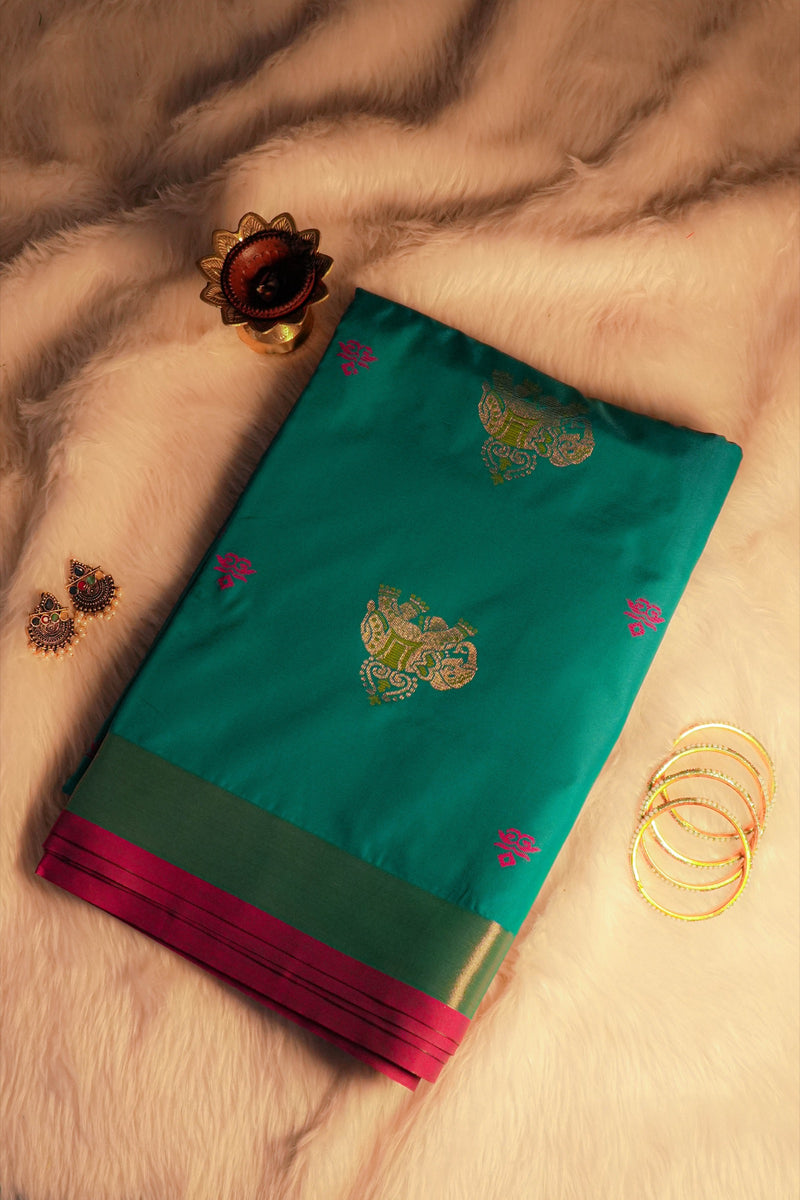 Avani Teal Green Soft Silk Saree with Pink Pallu | Radhe Ethnics