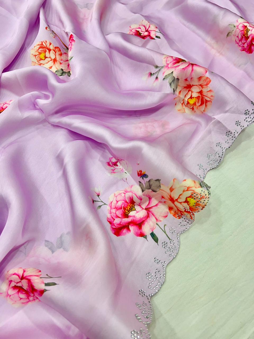 Pastel Lilac Floral Satin Silk Saree with Swarovski Border
