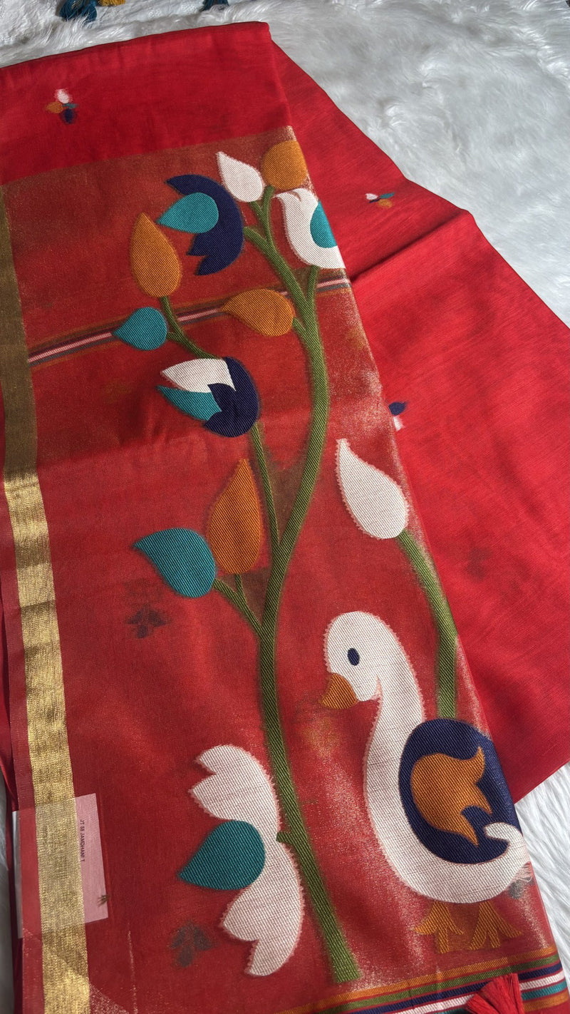 Pakhi – Red Cotton Silk Jamdhani Saree | Radhe Ethnics