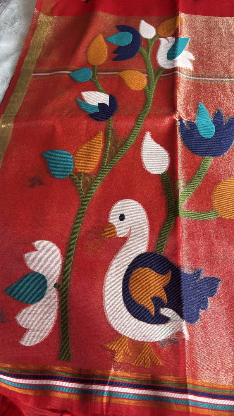 Pakhi – Red Cotton Silk Jamdhani Saree | Radhe Ethnics