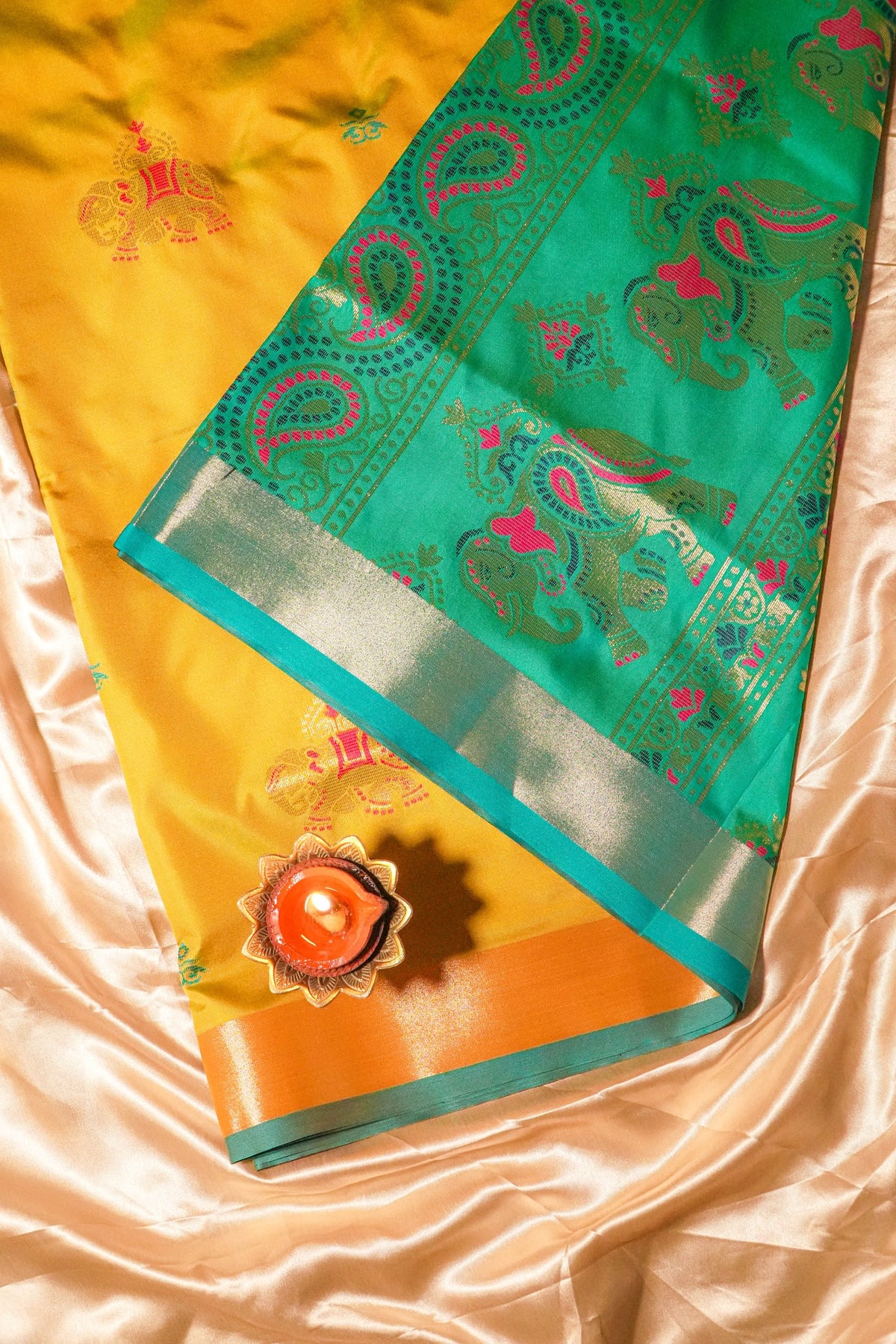 Avani Mustard Yellow Soft Silk Saree with Teal Pallu | Radhe Ethnics