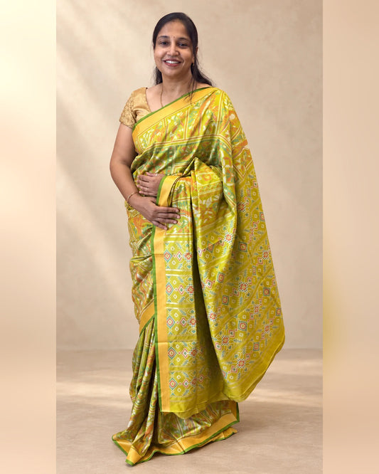 Kiara – Pista Green Ikkat Print Soft Blended Silk Saree | Radhe Ethnics