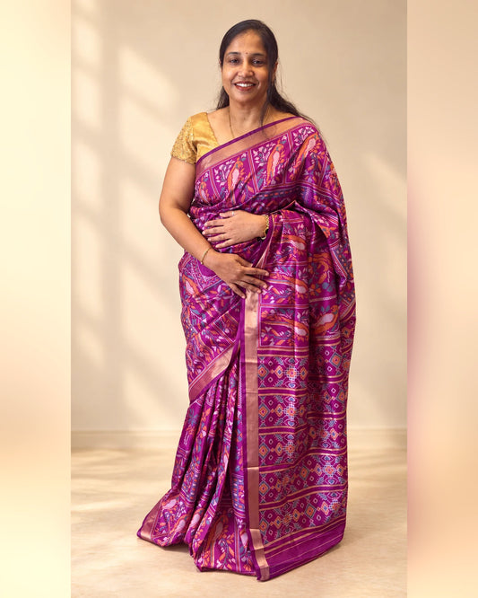 Kiara Purple Ikkat Print Soft Blended Silk Saree | Radhe Ethnics