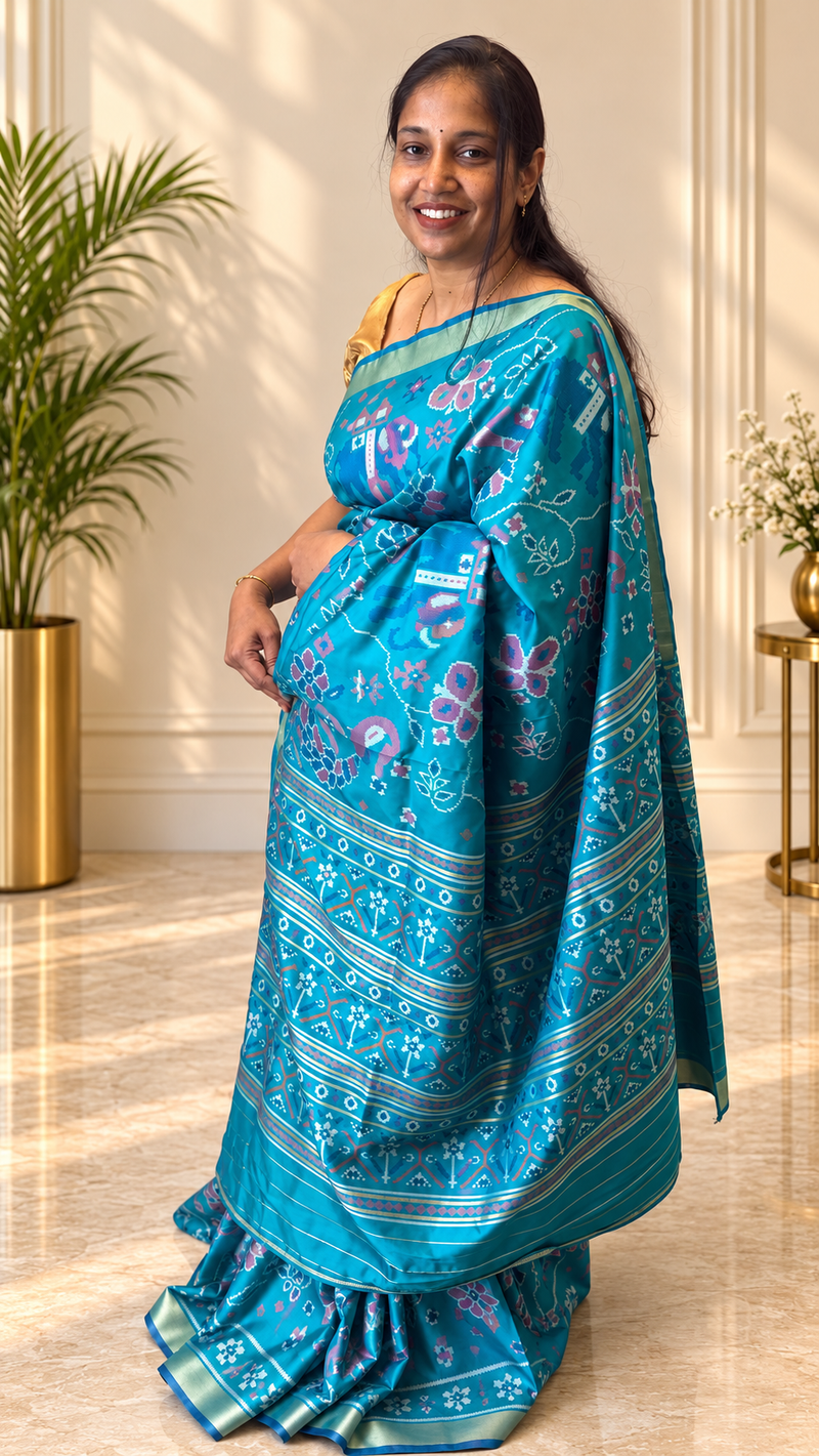 Maya Rama Green Ikkat Print Soft Blended Silk Saree | Radhe Ethnics