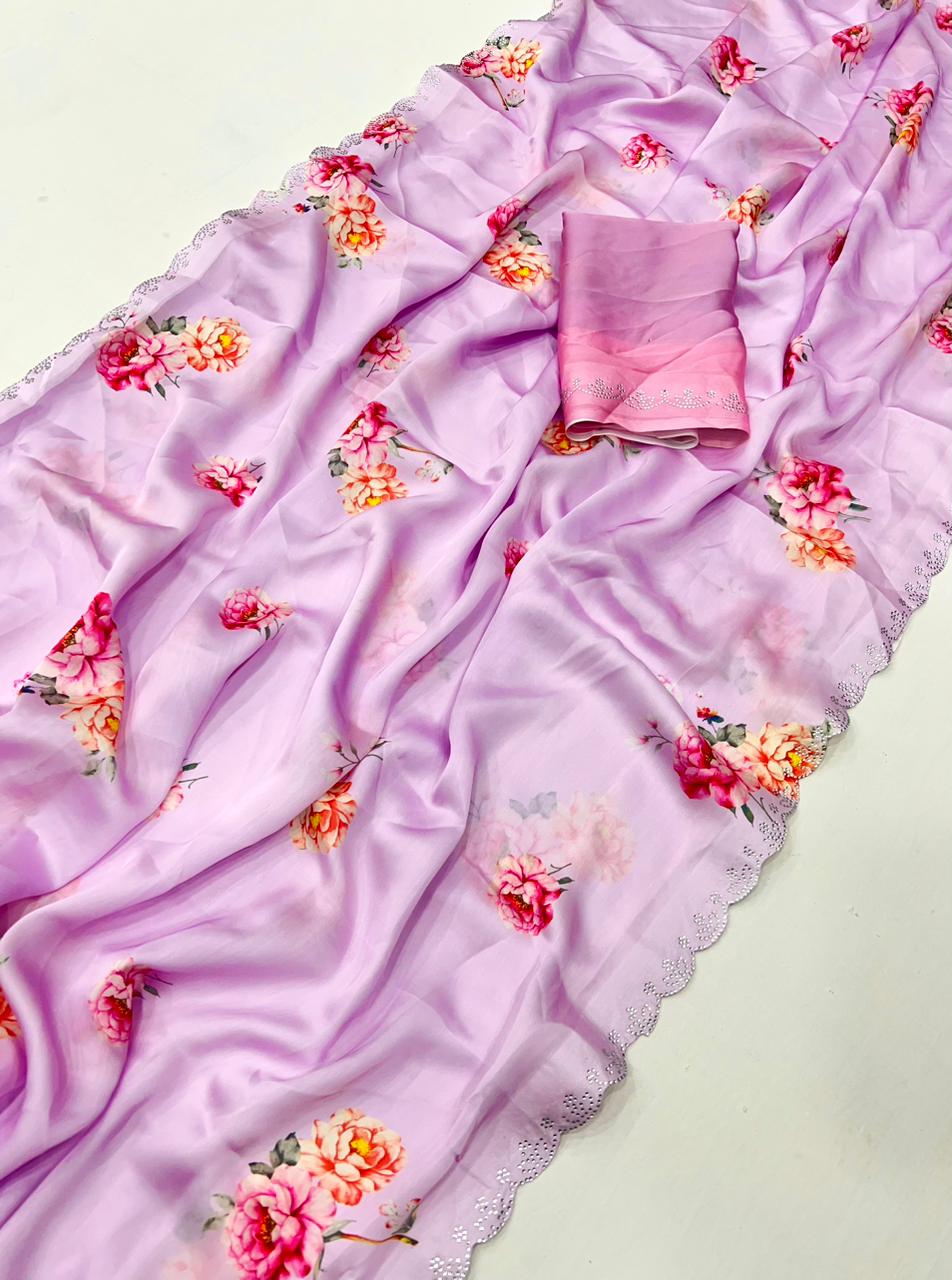 Pastel Lilac Floral Satin Silk Saree with Swarovski Border