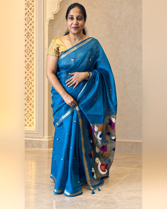 Pakhi – Turquoise Blue Cotton Silk Jamdhani Saree | Radhe Ethnics