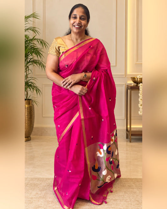 Pakhi – Rani Pink Cotton Silk Jamdhani Saree | Radhe Ethnics