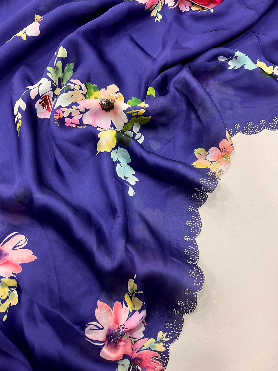 Blue Floral Satin  Silk Saree