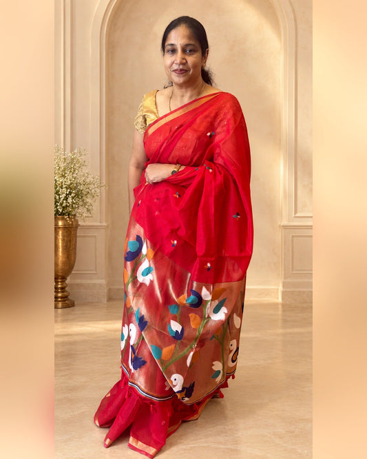 Pakhi – Red Cotton Silk Jamdhani Saree | Radhe Ethnics