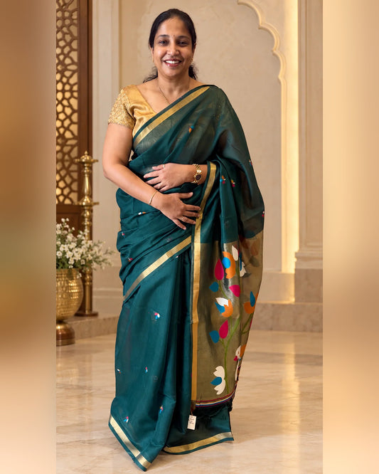 Pakhi Bottle green Cotton Silk Jamdhani Saree | Radhe Ethnics