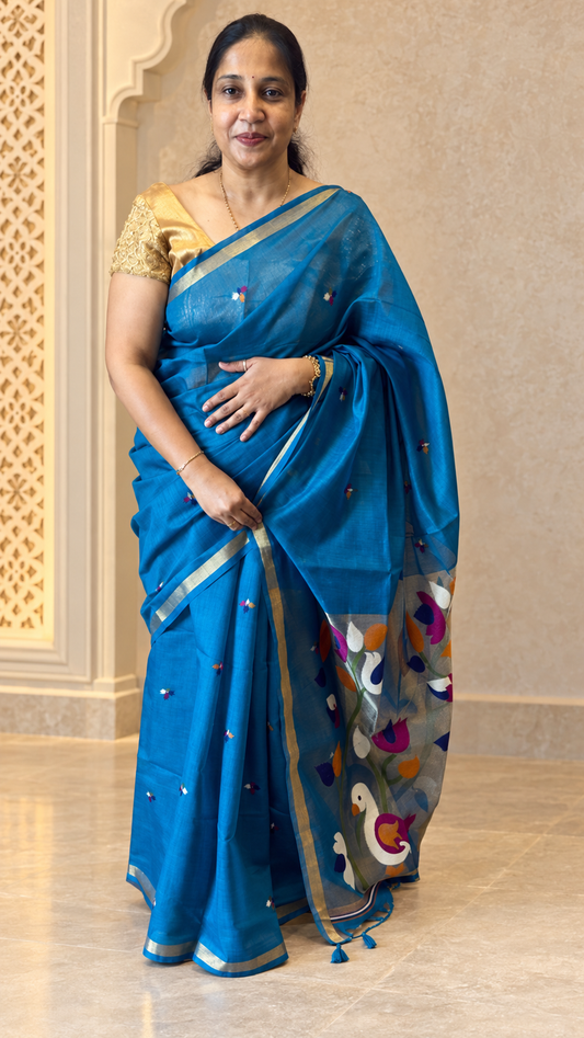 Pakhi – Turquoise Blue Cotton Silk Jamdhani Saree | Radhe Ethnics