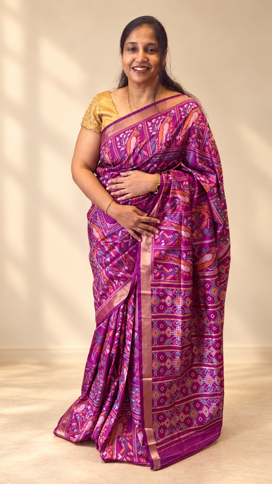Kiara Purple Ikkat Print Soft Blended Silk Saree | Radhe Ethnics