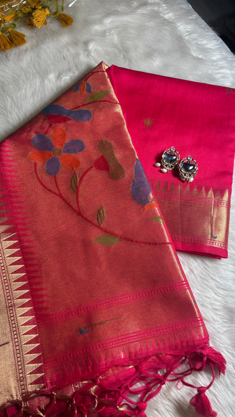 Pakhi – Rani Pink Cotton Silk Jamdhani Saree | Radhe Ethnics