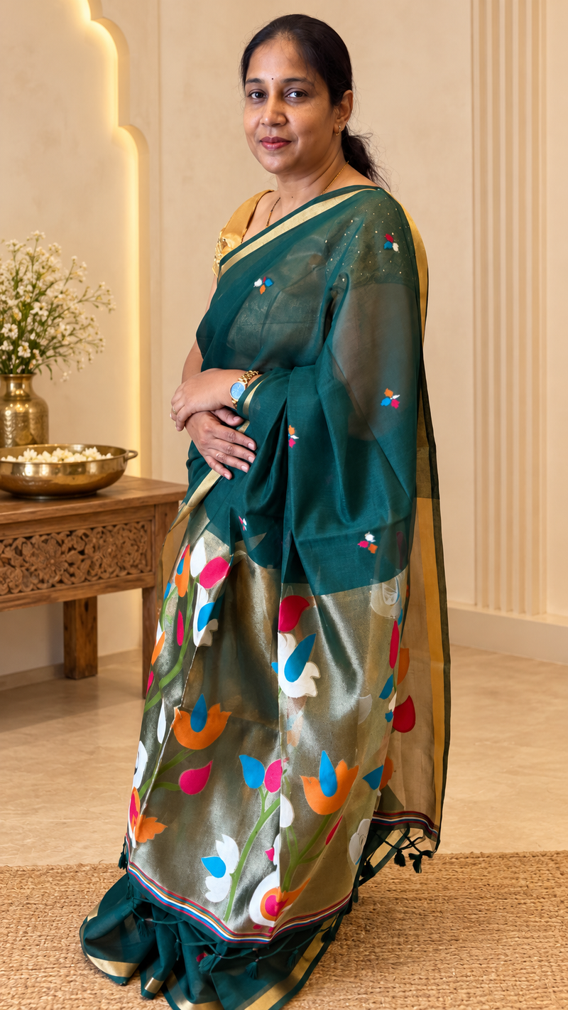 Pakhi Bottle green Cotton Silk Jamdhani Saree | Radhe Ethnics