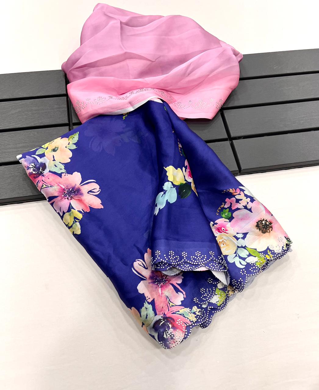 Blue Floral Satin  Silk Saree