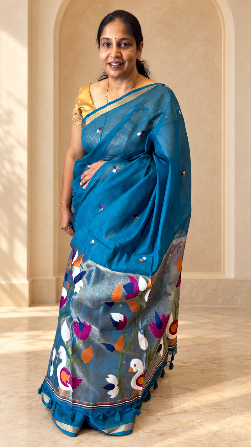 Pakhi – Turquoise Blue Cotton Silk Jamdhani Saree | Radhe Ethnics