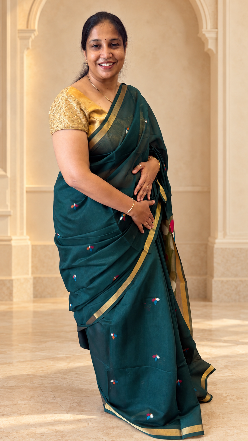 Pakhi Bottle green Cotton Silk Jamdhani Saree | Radhe Ethnics