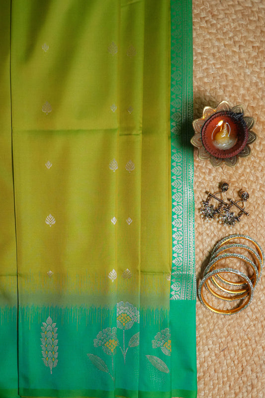 Rima Olive Green Soft Silk Saree with Emerald Green Zari Border & Pallu | Radhe Ethnics