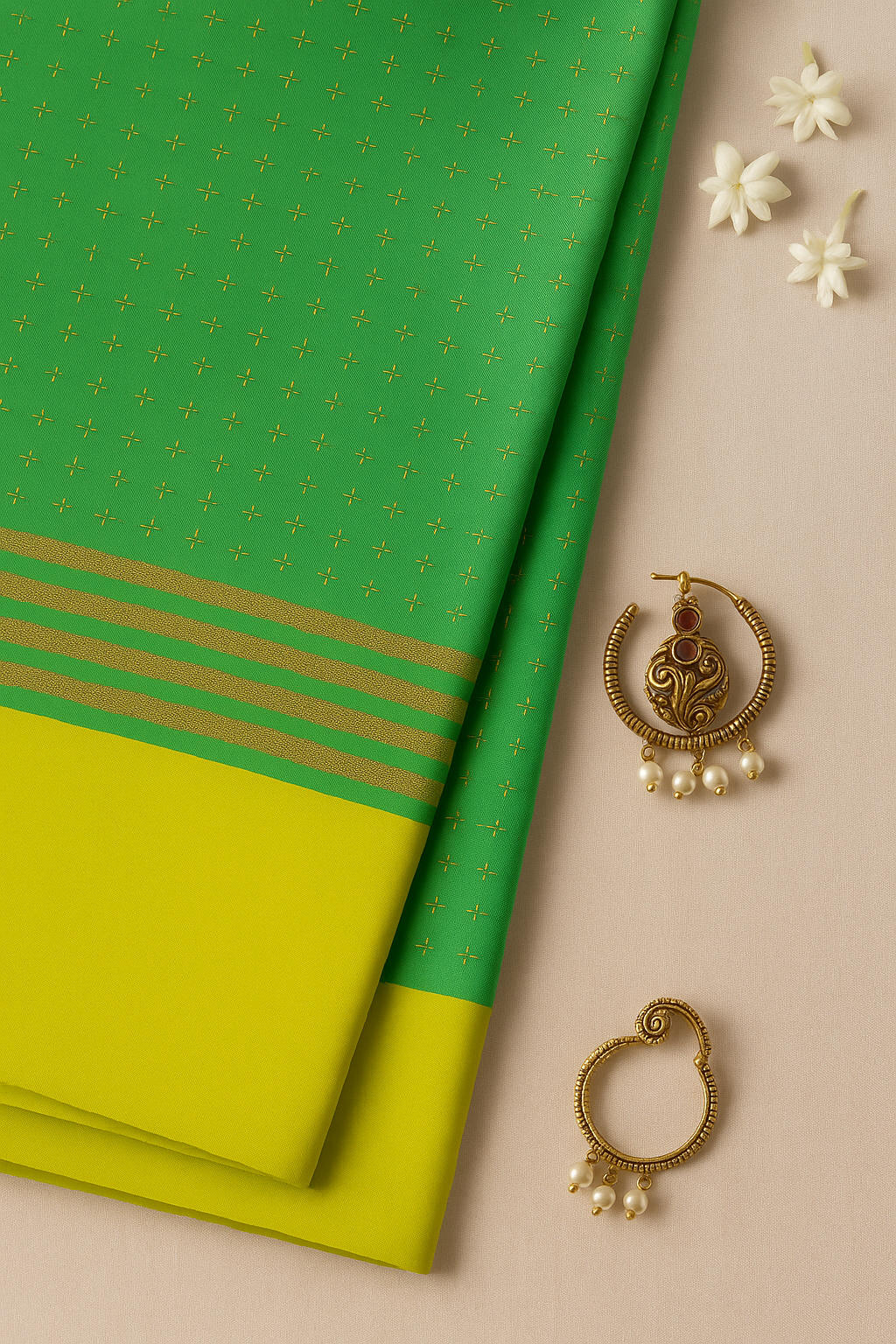 Vrindaa – Green & Yellow Soft Silk Saree