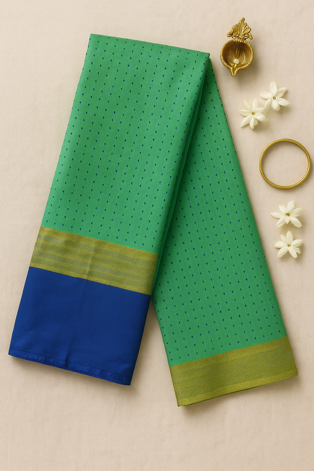Vrindaa – Green & Royal Blue Soft Silk Saree