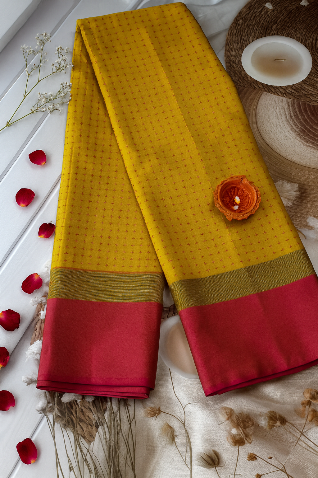 Vrindaa – Mustard Yellow & Maroon Soft Silk Saree