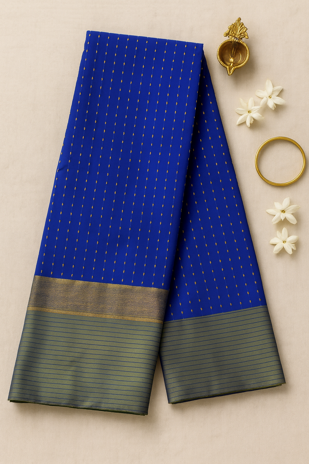 Vrindaa - Royal Blue & Olive Green Soft Silk Saree