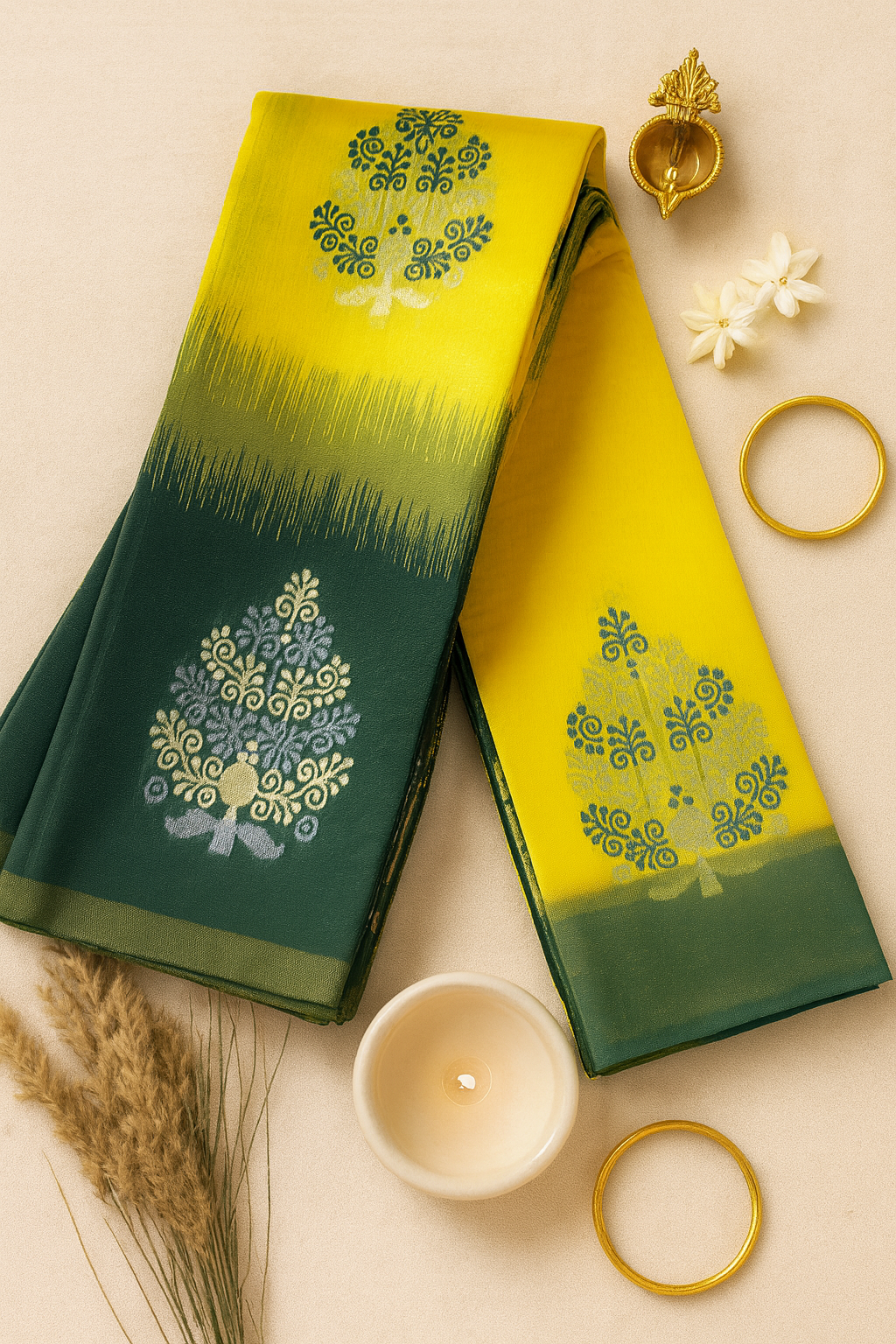 Harita Deepa1 – Yellow & Bottle Green Soft Kanchivaram Silk Saree