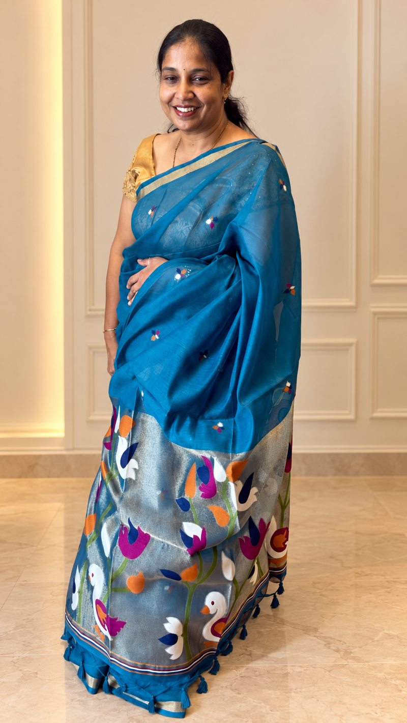 Pakhi – Turquoise Blue Cotton Silk Jamdhani Saree | Radhe Ethnics