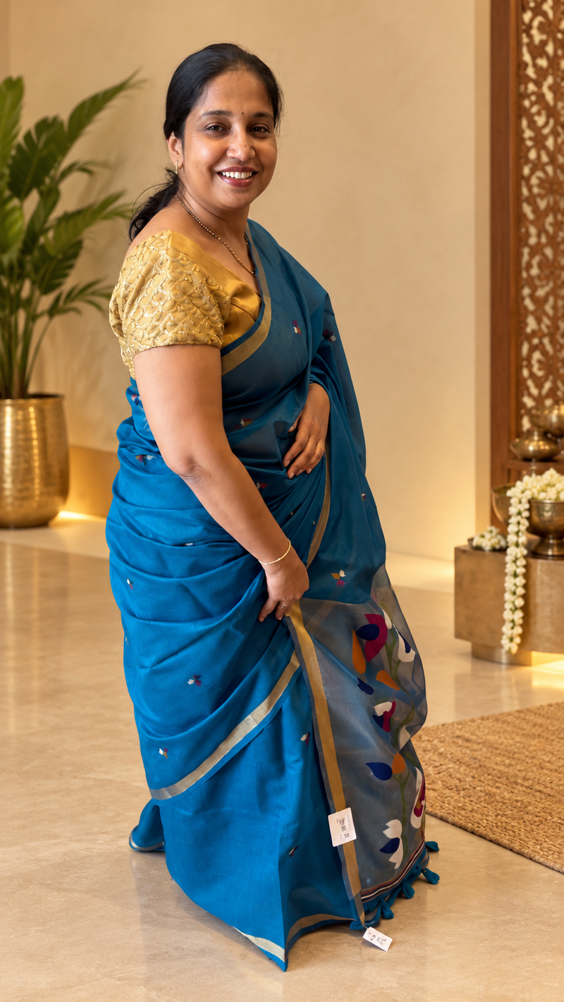 Pakhi – Turquoise Blue Cotton Silk Jamdhani Saree | Radhe Ethnics