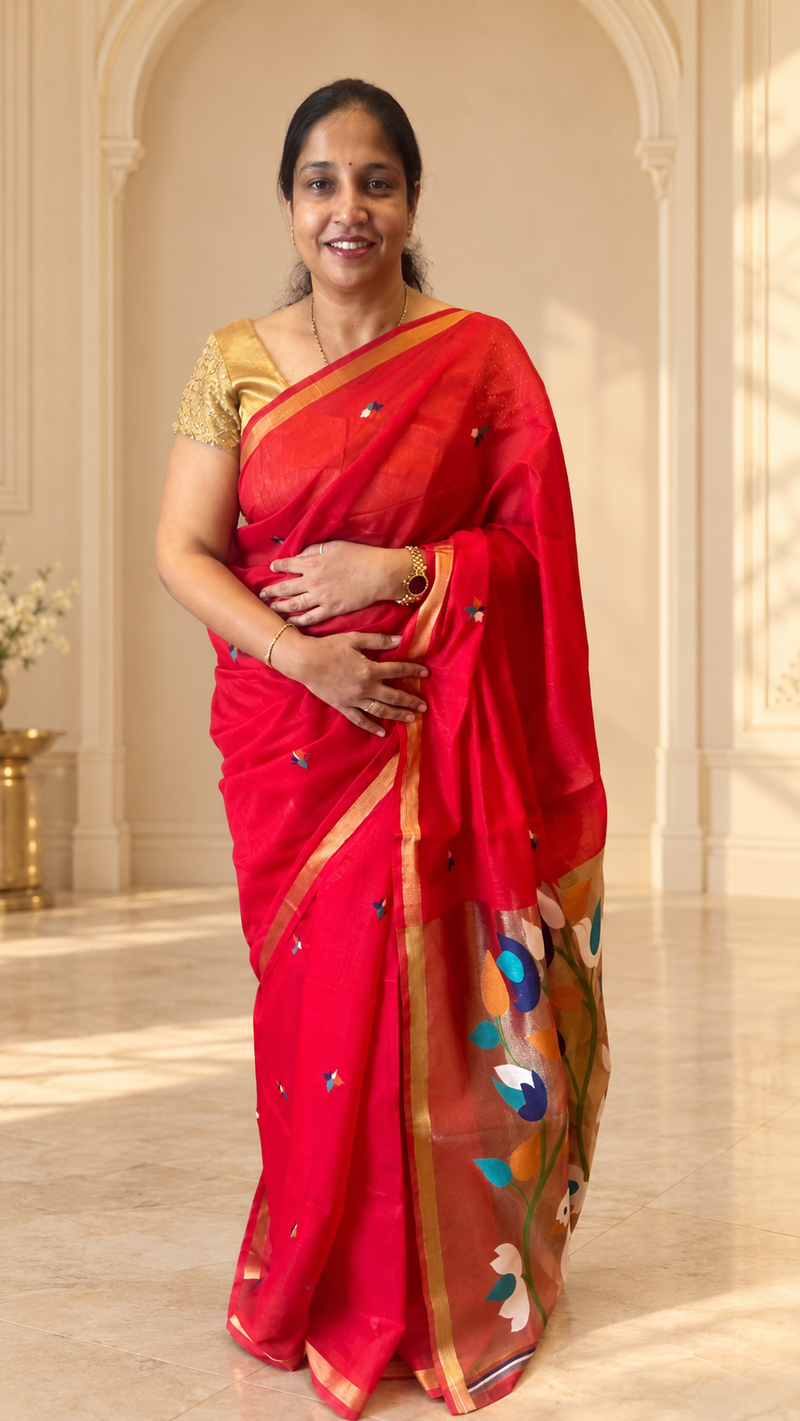 Pakhi – Red Cotton Silk Jamdhani Saree | Radhe Ethnics