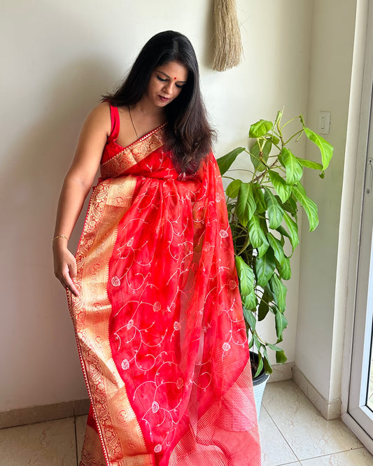 Simran Red Organza Silk Saree