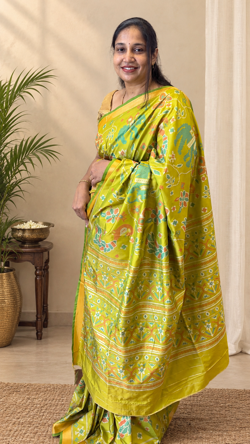 Maya Lime Green Ikkat Soft Blended Silk Saree | Radhe Ethnics