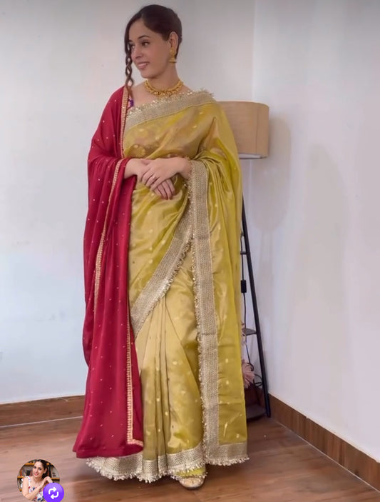 Lemon Yellow Tissue Silk saree