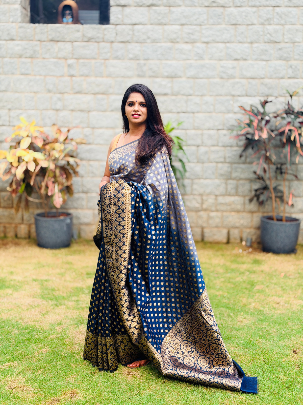 Dark Blue and Grey Silk Saree