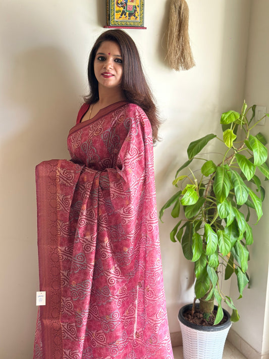 Lily Magenta Cotton Silk Saree with Artistic Printed Design