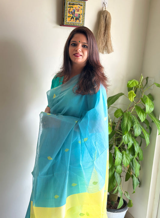 Ishita Sky Blue & Lime Green Cotton Saree | Radhe Ethnics