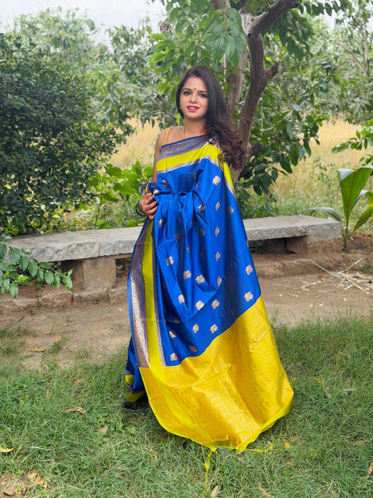 Meher Royal Blue & Lime Green Soft Silk Saree | Radhe Ethnics