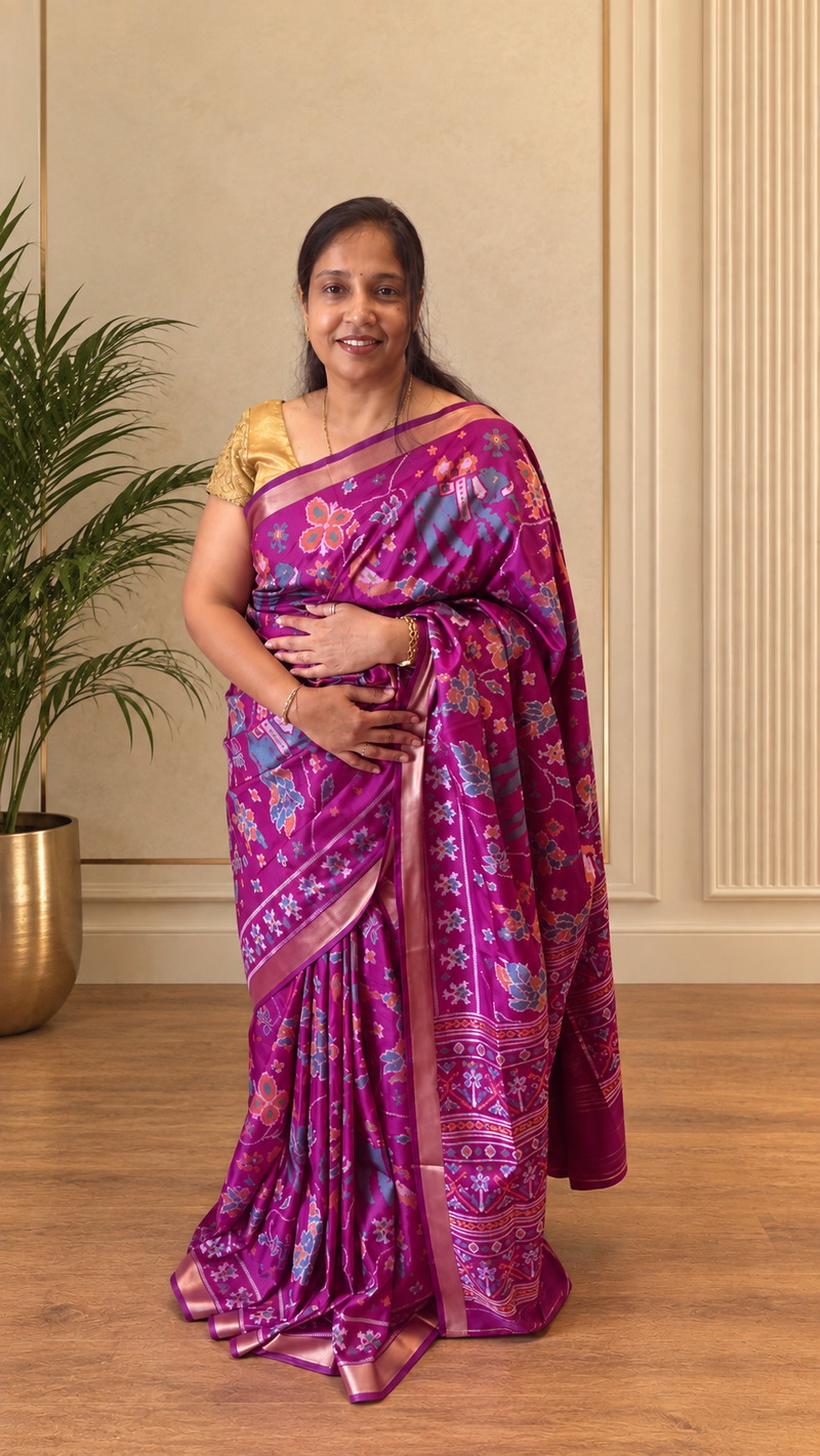 Maya Purple Ikkat Print Soft Blended Silk Saree | Radhe Ethnics