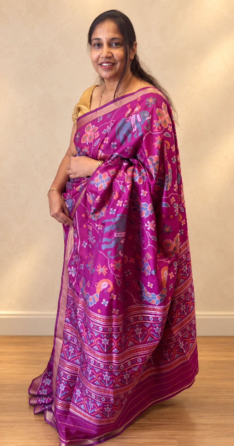 Maya Purple Ikkat Print Soft Blended Silk Saree | Radhe Ethnics