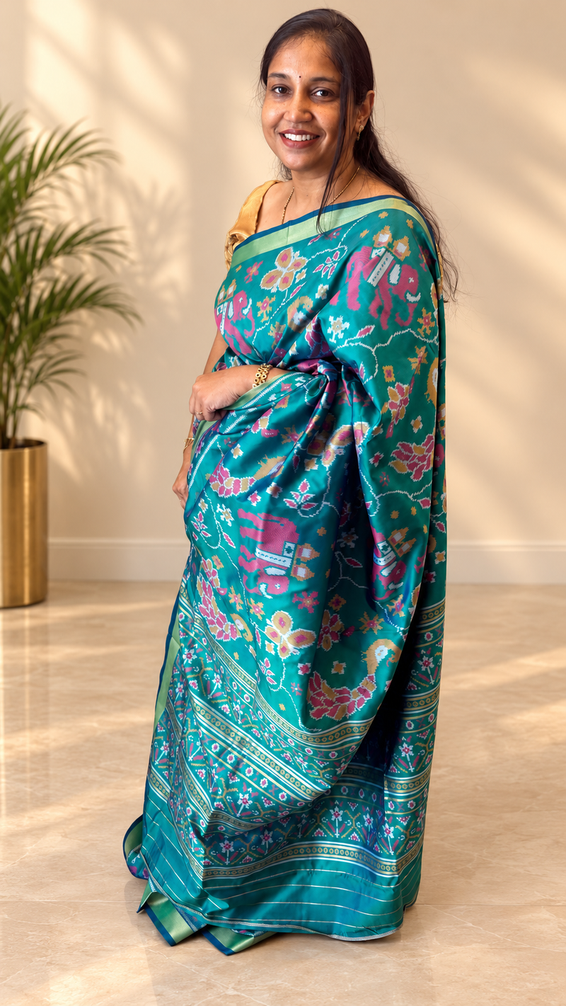 Maya Teal Green Ikkat Print Soft Blended Silk Saree | Radhe Ethnics