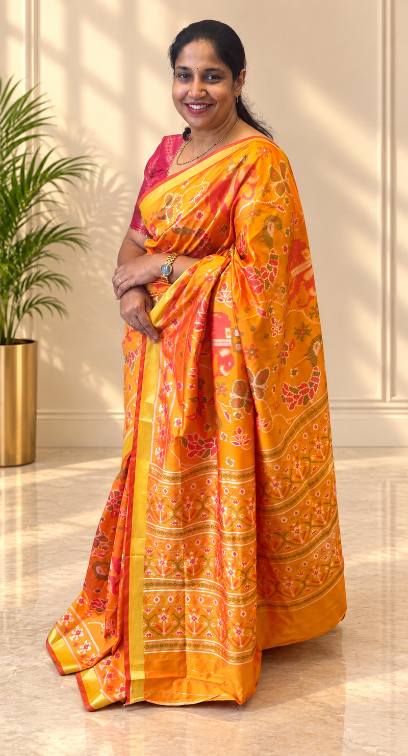 Maya Yellow Ikkat Print Sift Blended Silk Saree| Radhe Ethnics